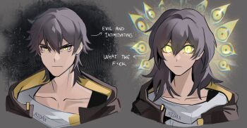 1boy 1girl adxrnofficial artist_name caelus_(honkai:_star_rail) closed_mouth collarbone commentary dual_persona english_commentary english_text glowing glowing_eyes grey_hair highres honkai:_star_rail honkai_(series) medium_hair portrait shirt short_hair stelle_(honkai:_star_rail) trailblazer_(honkai:_star_rail) watermark white_shirt yellow_eyes