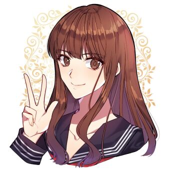 Rule 34 | 1girl, brown eyes, brown hair, collarbone, fate/extra, fate/extra ccc, fate (series), highres, kishinami hakuno (female), long hair, long sleeves, looking at viewer, red serafuku, sailor collar, school uniform, serafuku, sidelocks, smile, striped clothes, to my king, upper body, v