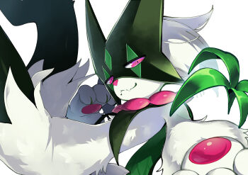 1other closed_mouth commentary_request from_side fur furry hand_up highres looking_at_viewer looking_to_the_side meowscarada nintendo noname_(rftd8828) outstretched_arm pink_eyes pokemon pokemon_(creature) smile solo white_background