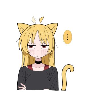 ... 1girl ahoge ahoge_wag animal_ears black_choker black_shirt blonde_hair blush bocchi_the_rock! cat_ears cat_girl choker closed_mouth collarbone crossed_arms detached_ahoge expressive_hair frown highres ijichi_seika long_hair looking_to_the_side red_eyes sabi1234 shirt simple_background solo speech_bubble sweatdrop upper_body white_background yellow_tail