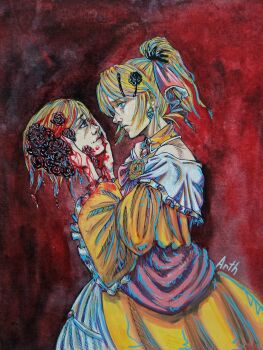 1boy 1girl aku_no_meshitsukai_(vocaloid) aku_no_musume_(vocaloid) allen_avadonia arthborgia artist_name bare_shoulders black_flower black_rose blonde_hair blood blood_on_clothes blood_on_face blood_on_hands blue_eyes blue_gemstone bow brother_and_sister choker corpse decapitation disembodied_head dress dress_bow earrings empty_eyes evillious_nendaiki execution eye_contact face-to-face flower frilled_dress frilled_sleeves frills gem hair_bow hair_ornament hairclip hatching_(texture) high_ponytail highres jewelry kagamine_len kagamine_rin linear_hatching looking_at_another marker_(medium) mixed_media off-shoulder_dress off_shoulder orange_bow painting_(medium) petticoat ponytail profile red_background red_flower red_gemstone red_lips red_rose riliane_lucifen_d&#039;autriche rose siblings sidelocks signature swept_bangs traditional_media twins updo vocaloid watercolor_(medium) wide_sleeves yellow_choker yellow_dress yellow_flower yellow_rose