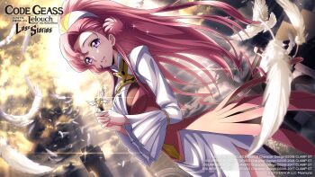 1girl bird blurry blurry_foreground breasts cleavage cleavage_cutout clothing_cutout cloud cloudy_sky code_geass code_geass:_lost_stories commentary_request cowboy_shot day diffraction_spikes dove dress dutch_angle euphemia_li_britannia f4samurai feathers glint hair_bun hairband hands_up happy highres holding light_rays long_hair long_sleeves looking_at_viewer medal medium_breasts official_art outdoors own_hands_together parted_lips pillar pink_dress pink_hair purple_eyes side_slit sky smile solo standing sunlight teeth two-tone_dress very_long_hair white_dress white_feathers white_hairband wide_sleeves yellow_sky