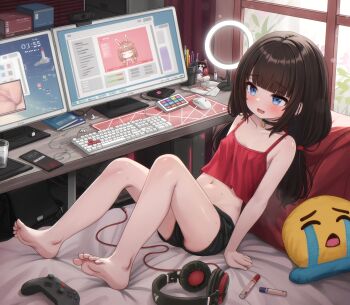 1girl barefoot black_choker black_shorts blue_eyes blush breasts brown_hair camisole cellphone censored choker closed_mouth commentary comodox computer_keyboard computer_mouse covered_erect_nipples crying_emoji emoji english_commentary female_masturbation hand_under_clothes hand_under_shorts headphones highres implied_after_masturbation indoors knees_up loli low_twintails marker masturbation midriff monitor mosaic_censoring multiple_monitors navel original paid_reward_available phone pornography pussy red_camisole sheryn_(comodox) short_shorts shorts sitting small_breasts smartphone soles solo star_(symbol) star_choker toes twintails uohhhhhhhhh!_(meme) variant_set