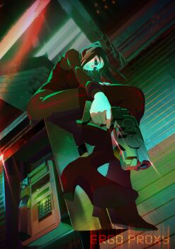 1girl absurdres black_hair boots commentary copyright_name english_commentary ergo_proxy eyeshadow from_below gun high_heel_boots high_heels highres holding holding_gun holding_weapon long_hair makeup mintbreak pale_skin re-l_mayer solo weapon