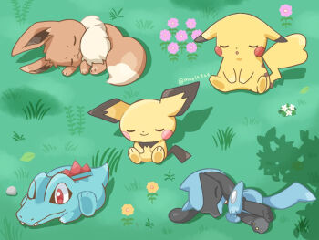 :3 :o brown_fur closed_eyes closed_mouth commentary_request eevee flower gen_1_pokemon gen_2_pokemon gen_4_pokemon grass kana_(maple926) lying nintendo no_humans on_side on_stomach open_mouth pichu pikachu pink_flower pokemon pokemon_(creature) pokemon_focus pokemon_sleep red_eyes riolu sitting sleeping smile totodile