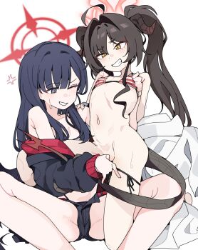 2girls absurdres ahoge anger_vein bad_id bad_pixiv_id bikini bikini_bottom_pull bikini_bottom_under_shorts bikini_under_clothes black_bikini black_eyes black_hair black_jacket black_shorts blue_archive coat demon_girl demon_horns demon_tail grin halo highres horns ichika_(blue_archive) ichika_(swimsuit)_(blue_archive) jacket kasumi_(blue_archive) kasumi_(swimsuit)_(blue_archive) long_hair long_sleeves mismatched_bikini multiple_girls navel off_shoulder one_eye_closed open_clothes open_shorts parted_lips pearlgang_e puffy_long_sleeves puffy_sleeves red_bikini red_halo shorts side-tie_bikini_bottom simple_background sitting smile spread_legs striped_bikini striped_clothes sweat swimsuit tail twintails white_background white_coat yellow_eyes