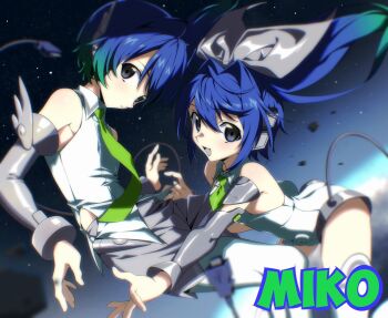 1boy 1girl :d artist_name ass blue_eyes blue_hair blurry breasts cable closed_mouth clothing_cutout collared_shirt commission depth_of_field detached_sleeves floating floating_hair gradient_hair green_hair green_necktie grey_ribbon grey_shorts grey_sleeves hair_between_eyes hair_intakes hair_ribbon hashtag-only_commentary headgear highres hip_vent leotard light_blush long_hair looking_at_viewer miko_heb multicolored_hair necktie open_mouth original outstretched_arms pantyhose ribbon shirt short_hair shorts sky sleeveless sleeveless_shirt small_breasts smile space star_(sky) stratosphere swept_bangs thighhighs twintails two-tone_hair usb usb_cable white_leotard white_pantyhose white_shirt white_thighhighs