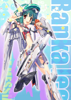 1girl bad_id bad_pixiv_id brown_eyes cosplay female_focus green_hair highres m/ macross macross_frontier mecha mecha_musume microphone open_mouth ranka_lee robot smile solo star_(symbol) taro_(gaki) vf-25 vf-25_(cosplay)