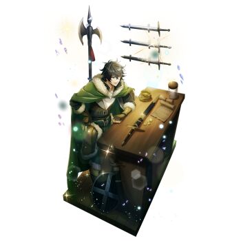 1boy armor armored_gloves artist_request axe battle_axe belt black_belt black_hair black_shirt boots breastplate brown_boots brown_gloves brown_shirt cloak coin collared_shirt contract counter elbow_gloves fingerless_gloves full_body fur-trimmed_armor fur-trimmed_boots fur-trimmed_gloves fur-trimmed_hood fur_trim game_cg gloves gold_coin green_cloak green_eyes green_pants hand_on_own_hip high_collar hood hood_down hooded_cloak iwatani_naofumi jar knee_boots legendary_shield_(small_shield)_(tate_no_yuusha_no_nariagari) legendary_shield_(tate_no_yuusha_no_nariagari) light_particles long_sleeves male_focus messy_hair official_art pants parted_lips pouch scabbard sheath sheathed shield shirt short_hair short_sleeves sidelocks simple_background smile solo sparkle standing sword tate_no_yuusha_no_nariagari tate_no_yuusha_no_nariagari_rerise transparent_background weapon