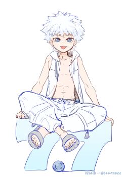 1boy blue_eyes hunter_x_hunter jacket kariki_hajime killua_zoldyck male_focus open_clothes open_jacket pants sandals short_hair sitting solo tongue tongue_out white_background white_hair