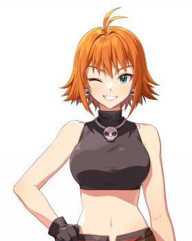 1girl absurdres antenna_hair aqua_eyes arm_at_side artist_request bare_arms bare_shoulders belt black_gloves black_shirt black_shorts breasts brown_belt collared_shirt crop_top cropped_shirt earrings eyelashes game_cg gloves grin hand_on_own_hip highres jewelry large_breasts light_blush midriff mila_nebraska necklace nexon official_art one_eye_closed orange_hair red_belt second-party_source shirt short_hair shorts sidelocks skinny skull_earrings skull_necklace sleeveless sleeveless_shirt smile solo standing straight-on straight_hair tales_weaver tales_weaver:_second_run tight_clothes tight_shirt transparent_background turtleneck turtleneck_shirt
