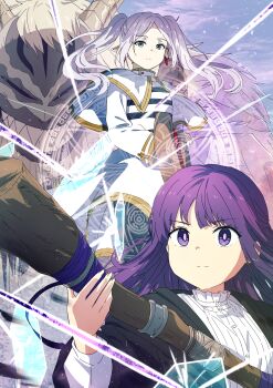 Rule 34 | 2girls, absurdres, black jacket, black pantyhose, blue sky, capelet, closed mouth, cloud, cloudy sky, commentary request, day, earrings, elf, fern (sousou no frieren), frieren, grey eyes, grey hair, highres, holding, holding staff, jacket, jewelry, long hair, long sleeves, looking at viewer, magic circle, misaki nonaka, multiple girls, open clothes, open jacket, outdoors, pantyhose, parted bangs, pointy ears, puffy long sleeves, puffy sleeves, purple eyes, purple hair, sharp teeth, shirt, skirt, sky, sousou no frieren, staff, striped clothes, striped shirt, teeth, twintails, v-shaped eyebrows, very long hair, white capelet, white shirt, white skirt