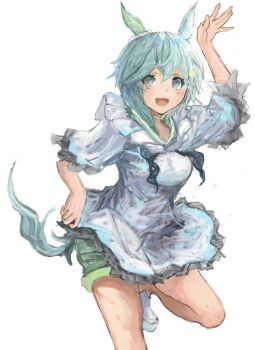 1girl animal_ears blue_eyes blush choker dress ear_covers flower green_sailor_collar green_shorts grey_hair hair_between_eyes hair_flower hair_ornament hairclip horse_ears horse_girl horse_tail looking_at_viewer open_mouth sailor_collar seiun_sky_(reeling_in_the_big_one)_(umamusume) seiun_sky_(umamusume) shoes short_hair shorts simple_background single_ear_cover smile solo sunflower sunflower_hair_ornament tail umamusume white_background white_dress yanagi_wakana yellow_choker