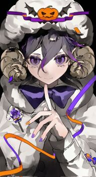 1boy animal_hood bell bishounen black_background black_hair bow candy commentary danganronpa_(series) danganronpa_v3:_killing_harmony english_commentary eyelashes food hair_between_eyes halloween halloween_costume highres hood horns index_finger_raised lollipop long_sleeves looking_at_viewer male_focus multicolored_nails nail_polish neck_bell oma_kokichi orange_nails purple_bow purple_eyes purple_hair purple_nails sheep_hood sheep_horns short_hair smile solo upper_body yukii_masako
