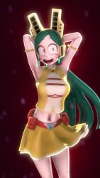 1girl 3d :d animated arms_behind_head audible_music belt boku_no_hero_academia breasts dancing greatm8 green_hair headgear highres large_breasts long_hair looking_at_viewer midriff music navel neck_bell open_mouth ragdoll_(boku_no_hero_academia) skirt smile solo sound stomach tail utility_belt video yellow_eyes