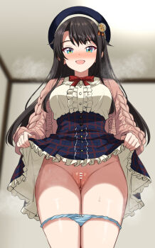1girl :d bar_censor beret black_hair black_hat blue_skirt blush bow bowtie breasts censored clothes_lift frilled_shirt frills green_eyes hat highres hololive indoors large_breasts lifting_own_clothes long_hair long_sleeves looking_at_viewer mak066 oozora_subaru oozora_subaru_(casual) open_mouth panties panty_pull pink_sweater pleated_skirt presenting_own_pussy pussy red_bow red_bowtie shirt skirt skirt_lift smile solo standing steam straight_hair sweat sweater underwear virtual_youtuber white_shirt