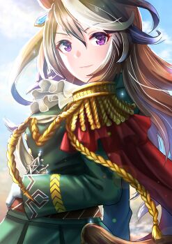1girl aiguillette animal_ears ascot blue_sky blush breasts brown_hair buttons cape closed_mouth cloud commentary_request double-breasted earrings epaulettes gloves green_jacket green_skirt hair_between_eyes horse_ears horse_girl horse_tail jacket jewelry long_hair long_sleeves looking_at_viewer looking_back medal medium_breasts multicolored_hair otono_(bkt4b) purple_eyes red_cape side_cape single_earring single_epaulette skirt sky smile streaked_hair symboli_rudolf_(emperor's_path)_(umamusume) symboli_rudolf_(umamusume) tail umamusume white_ascot white_gloves white_hair