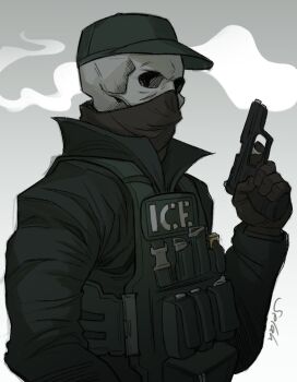 1boy absurdres bandana black_bandana bulletproof_vest commentary english_commentary finger_on_trigger gloves grey_background gun handgun highres holding holding_gun holding_weapon ice_skeleton jacket male_focus original selahsketches simple_background skull solo united_states_immigration_and_customs_enforcement upper_body weapon