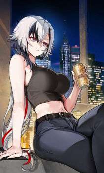 1girl alternate_costume arlecchino_(genshin_impact) bare_shoulders beer_can belt black_belt black_eyes black_hair black_pants breasts building can casual closed_mouth commentary contemporary crop_top crossed_legs drink_can english_commentary fingernails foxyreine genshin_impact hair_between_eyes highres holding holding_can indoors large_breasts long_hair midriff multicolored_hair navel night office_lady pants red_pupils signature sitting solo streaked_hair symbol-shaped_pupils textless_version two-tone_hair very_long_hair white_hair window x-shaped_pupils
