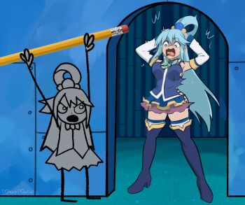 2girls absurdres aqua_(konosuba) arms_up artist_name blue_footwear blue_hair blue_theme boots colored_skin commentary crying_aqua_(meme) doodlebob doorway english_commentary frown full_body grey_skin hair_rings highres holding holding_pencil kono_subarashii_sekai_ni_shukufuku_wo! maho_malice meme multiple_girls oversized_object parody pencil scene_reference screaming single_hair_ring spongebob_squarepants_(series) standing thigh_boots thighhighs thighhighs_under_boots torn_clothes trembling v-shaped_eyebrows white_thighhighs