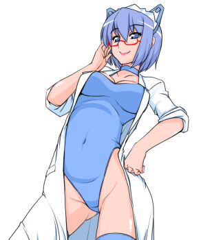Rule 34 | 1girl, 2k-tan, adjusting eyewear, blue choker, blue eyes, blue hair, blue leotard, blue thighhighs, breasts, choker, cleavage, closed mouth, coat, collarbone, covered navel, cowboy shot, eyelashes, hand on own hip, hand up, headgear, highleg, highleg leotard, highres, lab coat, legs apart, leotard, maid headdress, medium breasts, open clothes, open coat, os-tan, pink lips, red-framed eyewear, ruriwo (ruriwo1894), semi-rimless eyewear, simple background, sleeves rolled up, smile, split mouth, standing, thighhighs, thighs, under-rim eyewear, white background, white coat
