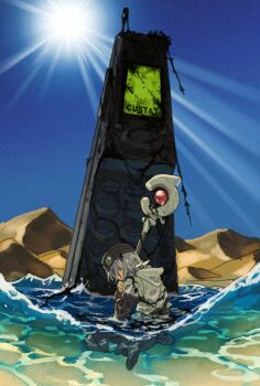 Rule 34 | .hack//, .hack//sign, 1boy, artist name, bar phone, blue sky, brown hat, cellphone, clear sky, commentary, custat, day, dithering, english commentary, from behind, full body, grey hair, hat, head down, holding, holding staff, hood, hood down, layered sleeves, lens flare, long sleeves, mage staff, medium hair, oversized object, partially submerged, phone, sand dune, shallow water, short over long sleeves, short sleeves, sitting, sky, solo, staff, sun, tsukasa (.hack//), wariza, water