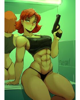 Rule 34 | abs, aleksandr gav, artist logo, finger on trigger, green eyes, green light, gun, handgun, logo, meryl silverburgh, metal gear (series), mirror, muscular, muscular female, pistol, red hair, signature, source request, sports bra, thong, weapon