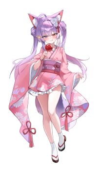 1girl absurdres ahoge animal_ear_fluff animal_ears black_sandals blue_eyes candy_apple commentary double_bun floral_print floral_print_kimono flower food fox_ears fox_girl fox_tail frilled_kimono frills full_body hair_bun hair_flower hair_ornament heterochromia highres holding holding_candy_apple holding_food japanese_clothes kanzashi kimono long_hair muru_(muru_zi) obi pink_kimono print_kimono purple_hair sandals sash simple_background socks solo stellive tabi tail tenko_shibuki tongue tongue_out tsumami_kanzashi twintails untranslatable_commentary virtual_youtuber white_background white_flower white_socks yellow_eyes zouri