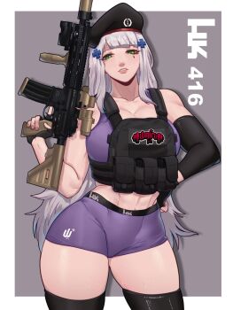 Rule 34 | 1girl, abs, assault rifle, battle rifle, beret, black hat, blunt bangs, border, breasts, character name, cleavage, commentary, commission, contrapposto, cross hair ornament, detached sleeves, english commentary, facial mark, facing viewer, fingerless gloves, girls' frontline, gloves, green eyes, grey background, grey hair, gun, h&amp;k hk416, hair ornament, hat, highres, hk416 (girls' frontline), knee pads, large breasts, load bearing vest, long hair, outside border, purple shorts, purple sports bra, rifle, second-party source, shorts, sight magnifier, single detached sleeve, skullworms, solo, sports bra, standing, teardrop facial mark, thick thighs, thighs, trigger discipline, very long hair, weapon, white border