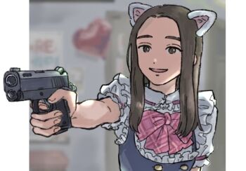 1girl baby_walkure black_eyes black_hair blurry blurry_background bow bowtie commentary_request finger_on_trigger gun handgun holding holding_gun holding_weapon maid neppatsu_(swdha3006) open_mouth pink_bow pink_bowtie short_hair solo sugimoto_chisato weapon