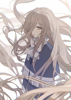 1girl absurdly_long_hair absurdres blue_capelet bow bowtie brown_eyes brown_hair capelet chromatic_aberration enchant999 floating_hair hair_between_eyes hair_over_one_eye highres light_smile long_hair looking_at_viewer parted_lips sense_(sousou_no_frieren) simple_background solo sousou_no_frieren upper_body very_long_hair white_background white_bow