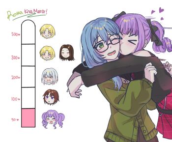 &gt;_&lt; 6+girls absurdres arms_around_neck asahi_rokka bang_dream! black_ribbon black_shirt blonde_hair blue_hair blush brown_hair cardigan commentary english_commentary english_text fang glasses green_cardigan green_eyes grey_hair grin hair_ribbon heart highres kiss kiss_meter_(meme) kissing_cheek kurata_mashiro long_hair luvechaee meme multiple_girls one_eye_closed open_mouth pink_skirt purple_eyes purple_hair ribbon sato_masuki shirt short_hair skirt smile swimsuit toyama_asuka twintails udagawa_ako wakana_rei white_background yuri
