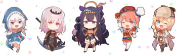 5girls :d ;d animal_hood arito_arayuru bare_shoulders black_dress black_footwear black_hair black_legwear blonde_hair blue_eyes blue_hair blue_hoodie blue_legwear blush breasts brown_capelet brown_hair brown_headwear brown_jacket brown_shirt brown_skirt capelet chef_hat chibi chicken_(food) chicken_leg claw_pose closed_mouth commentary_request dress fins fish_tail food gawr_gura gawr_gura_(1st_costume) gradient_hair hair_between_eyes hair_ornament halo hands_up hat heart heart_background holding holding_food holding_scythe hololive hololive_english hood hood_up hoodie jacket long_hair long_sleeves looking_at_viewer magnifying_glass medium_breasts mini_hat mori_calliope mori_calliope_(1st_costume) multicolored_hair multiple_girls ninomae_ina&#039;nis ninomae_ina&#039;nis_(1st_costume) one_eye_closed open_clothes open_jacket open_mouth pink_hair plaid_clothes plaid_headwear plaid_skirt pocket_watch purple_eyes red_eyes red_headwear red_neckwear scythe see-through_clothes shark_hood shark_tail sharp_teeth shirt shoes simple_background skirt sleeveless sleeveless_shirt smile socks standing standing_on_one_leg star_(symbol) star_symbol_background stethoscope strapless strapless_dress streaked_hair tail takanashi_kiara takanashi_kiara_(1st_costume) teeth tentacles thighhighs tiara tilted_headwear v-shaped_eyebrows veil very_long_hair virtual_youtuber watch watson_amelia watson_amelia_(1st_costume) white_background white_footwear white_hair white_headwear white_shirt white_thighhighs wide_sleeves