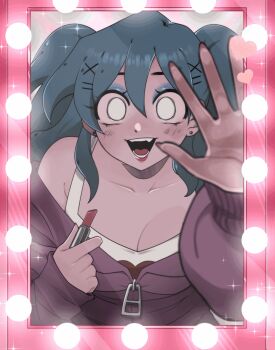 1girl alternate_hairstyle animated animated_gif aqua_hair asymmetrical_hair blue_eyeshadow blue_hair blue_sweater breasts camisole cleavage collarbone colored_skin commentary cosmetics derivative_work earrings english_commentary eyeshadow hair_ornament hairclip heart highres holding holding_lipstick_tube hood hoodie j2citrus jewelry jumpscare jumpscare_warning lacey_(lacey_games) lacey_games large_breasts lipstick_tube long_hair looking_at_viewer makeup messy_hair mirror open_mouth pink_lips pink_nails pink_skin purple_hoodie runny_makeup screenshot_redraw smile solo sparkle squiggle_eyes sweater turtleneck turtleneck_sweater twintails upper_body vignetting wavy_mouth white_camisole white_eyes x_hair_ornament