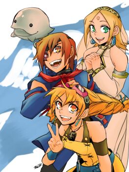 1boy 2girls aika_(eternal_arcadia) cupil eternal_arcadia fina_(eternal_arcadia) greatdekutri highres multiple_girls orange_hair tagme v vyse
