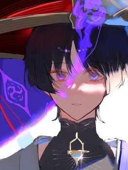 Rule 34 | 1boy, black bodysuit, black hair, blue hat, blunt ends, bodysuit, diffraction spikes, dual persona, eyelashes, eyeliner, genshin impact, glint, gold, hashtag-only commentary, hat, highres, irzm30, japanese clothes, jingasa, kimono, makeup, male focus, mandarin collar, parted bangs, parted lips, portrait, purple eyes, red eyeliner, red hat, scaramouche (genshin impact), shoulder peek, solo, straight-on, tsurime, two-tone hat, wanderer (genshin impact), white background, white kimono, white mouth, wispy bangs