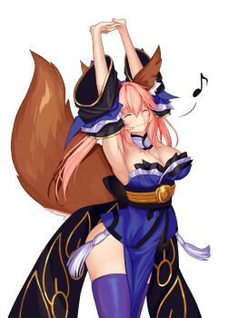 1girl animal_ear_fluff animal_ears armpits arms_up black_sash blue_dress blue_thighhighs breasts cleavage closed_eyes closed_mouth collar cowboy_shot dress fate/extra fate_(series) fox_girl fox_tail highres humming interlocked_fingers kapi-san long_hair musical_note nail_polish obi pink_hair presenting_armpit sash smile solo stretching tail tamamo_(fate) tamamo_no_mae_(fate) tassel thighhighs