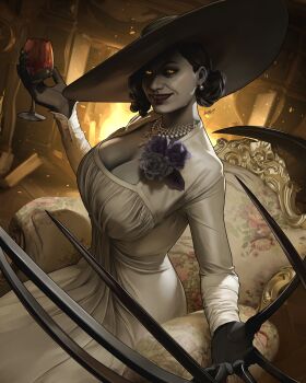 1girl absurdres alcina_dimitrescu black_flower black_hair black_rose breasts chair claw_(weapon) cleavage cleavage_cutout clip_studio_paint_(medium) clothing_cutout colored_skin commentary cup dalejomej dress drinking_glass earrings embers english_commentary evil_smile facing_to_the_side fire flower from_above glowing glowing_eyes grey_skin hair_bun hat highres holding holding_cup indoors jewelry large_breasts lipstick looking_at_viewer makeup mature_female necklace on_chair orange_eyes pale_skin pearl_earrings pearl_necklace realistic realistic_teeth red_lips resident_evil resident_evil_village rose sitting smile solo solo_focus sun_hat tall_female weapon white_dress wine_glass