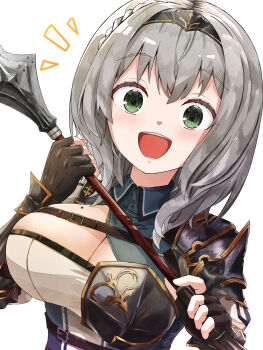 Rule 34 | 1girl, absurdres, black gloves, breasts, cleavage, commentary request, dress, fingerless gloves, gloves, green eyes, grey hair, highres, holding, holding polearm, holding weapon, hololive, large breasts, looking at viewer, mole, mole on breast, open mouth, polearm, shirogane noel, shirogane noel (1st costume), smile, solo, spear, teeth, u da desu, upper teeth only, virtual youtuber, weapon, white dress