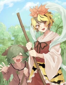 2girls :d absurdres animal_ears animal_print artist_name black_ribbon black_streaks blush broom brown_dress closed_eyes cloud commentary_request daiwa_uho day dog_ears dog_girl dress facing_viewer frilled_sleeves frills green_hair hair_ornament hand_up highres holding holding_broom kasodani_kyouko long_sleeves looking_at_viewer multicolored_hair multiple_girls neck_ribbon open_mouth outdoors print_skirt red_shirt ribbon shawl shirt short_hair skirt sky smile streaked_hair tiger_print toramaru_shou touhou tree two-tone_hair waving white_shawl yellow_eyes yellow_skirt