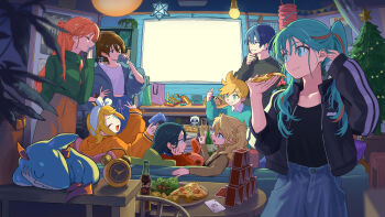 Rule 34 | 2boys, 6+girls, absurdres, alarm clock, alternate costume, aqua hair, black hair, black jacket, blonde hair, blue hair, bottle, brown hair, chuugoku usagi, clock, cola, commentary request, food, green sweater, hatsune miku, highres, house of cards, indoors, jacket, kagamine len, kagamine rin, kaito (vocaloid), kasukabe tsumugi, long hair, long sleeves, megurine luka, meiko (vocaloid), multiple boys, multiple girls, official art, open clothes, open jacket, orange hair, projector screen, short hair, sitting, soda bottle, standing, sweater, track jacket, twintails, utau, vocaloid, voicevox, wawasuke