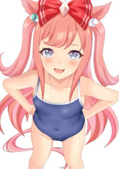 1girl :3 absurdres agnes_digital_(umamusume) animal_ears blue_eyes blue_one-piece_swimsuit bow commentary_request commenter: competition_school_swimsuit covered_navel feet_out_of_frame from_above groin hair_bow hands_on_own_hips highres horse_ears horse_girl horse_tail long_hair looking_at_viewer naruruka0805 one-piece_swimsuit pink_hair school_swimsuit simple_background smile solo swimsuit tail two_side_up umamusume white_background