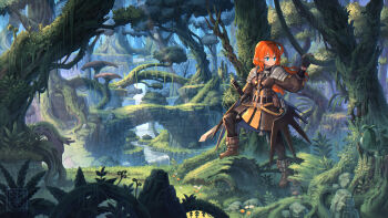 1girl ahoge armor belt belt_buckle belt_pouch black_gloves black_pants blue_eyes boots breasts brown_boots brown_jacket buckle creature fantasy fingerless_gloves forest gloves highres holding holding_sword holding_weapon jacket leather leather_jacket long_hair low_wings medium_breasts nagi_itsuki nature orange_hair original pants plant pointy_ears pouch scenery sheath sheathed shoulder_armor solo sword tree unsheathed vines water waterfall weapon wings