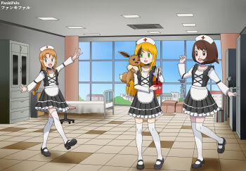 3girls arm_at_side arm_up bed blonde_hair blue_eyes braid braided_ponytail breasts brown_eyes brown_hair eevee eyelashes fankifalu female_focus full_body gen_1_pokemon gloria_(pokemon) green_eyes hand_up happy hat highres hospital_bed knees long_hair long_sleeves looking_at_another mary_janes matching_hair/eyes medium_hair multiple_girls nintendo nurse nurse_cap oc_x_canon on_shoulder open_hand open_mouth orange_hair original parted_bangs pokemon pokemon_(creature) pokemon_on_shoulder pokemon_swsh shoes sidelocks small_breasts standing standing_on_one_leg swept_bangs thighhighs white_thighhighs window
