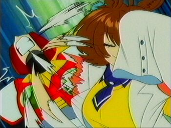 Rule 34 | 1990s (style), 1boy, 1girl, agnes tachyon (tach-nology) (umamusume), agnes tachyon (umamusume), ahoge, android, animal ears, armor, breasts, brown hair, chest jewel, clenched teeth, coat, earrings, faux retro artstyle, hair between eyes, helmet, highres, horse ears, horse girl, jewelry, lab coat, large breasts, long sleeves, lueduar, mega man (series), mega man x (series), meme, naoya hitting choso without looking (meme), necktie, open clothes, open coat, punching, rapid punches, red armor, red helmet, retro artstyle, shirt, short necktie, shoulder armor, single earring, sleeves past fingers, sleeves past wrists, smile, sweater, sweater vest, teeth, umamusume, upper body, vhs artifacts, white coat, wolf cut, yellow sweater, yellow sweater vest, zero (mega man)