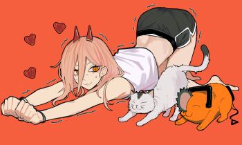 1girl :3 absurdres black_shorts cat chainsaw chainsaw_man clenched_hands cross-shaped_pupils demon_girl demon_horns dog heart highres horns kneeling looking_to_the_side meowy_(chainsaw_man) orange_hair pochita_(chainsaw_man) power_(chainsaw_man) sailen0 shirt shorts stretching symbol-shaped_pupils white_shirt