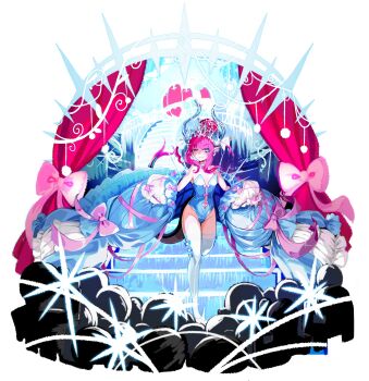 1girl absurdres bare_shoulders blue_dress blue_eyes blue_horns blue_leotard breasts discat dragon_girl dragon_horns dragon_tail dress elizabeth_bathory_(cinderella)_(fate) elizabeth_bathory_(fate) fate/grand_order fate_(series) gloves hair_bun highres horns leotard pink_hair pointy_ears shoes small_breasts solo spiked_shoes spikes tail tiara