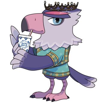 1girl animal_crossing aqua_shirt beak bird_girl bird_legs bird_tail blue_eyes commentary_request crown cup drink drinking_straw feathers full_body furry furry_female highres holding holding_cup holding_drink looking_at_viewer maaruutaa0 mcdonald's nintendo purple_feathers quinn_(animal_crossing) shirt signature simple_background solo standing tachi-e tail transparent_background winged_arms wings