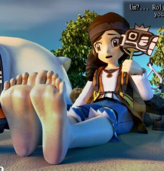 1girl 3d backpacker_(pokemon) barefoot feet foot_focus nintendo non-web_source pokemon pokemon_swsh