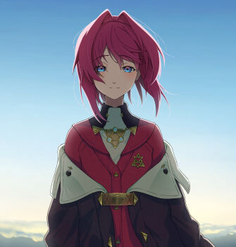 1girl 46_crt ange_katrina ange_katrina_(1st_costume) backlighting black_coat blue_background blue_eyes blush cardigan closed_mouth coat commentary_request dawn day gradient_eyes hair_intakes highres light_smile looking_at_viewer loose_hair_strand medium_hair mountainous_horizon multicolored_eyes nijisanji off_shoulder outdoors purple_eyes red_cardigan red_hair sky solo split_mouth straight-on upper_body virtual_youtuber